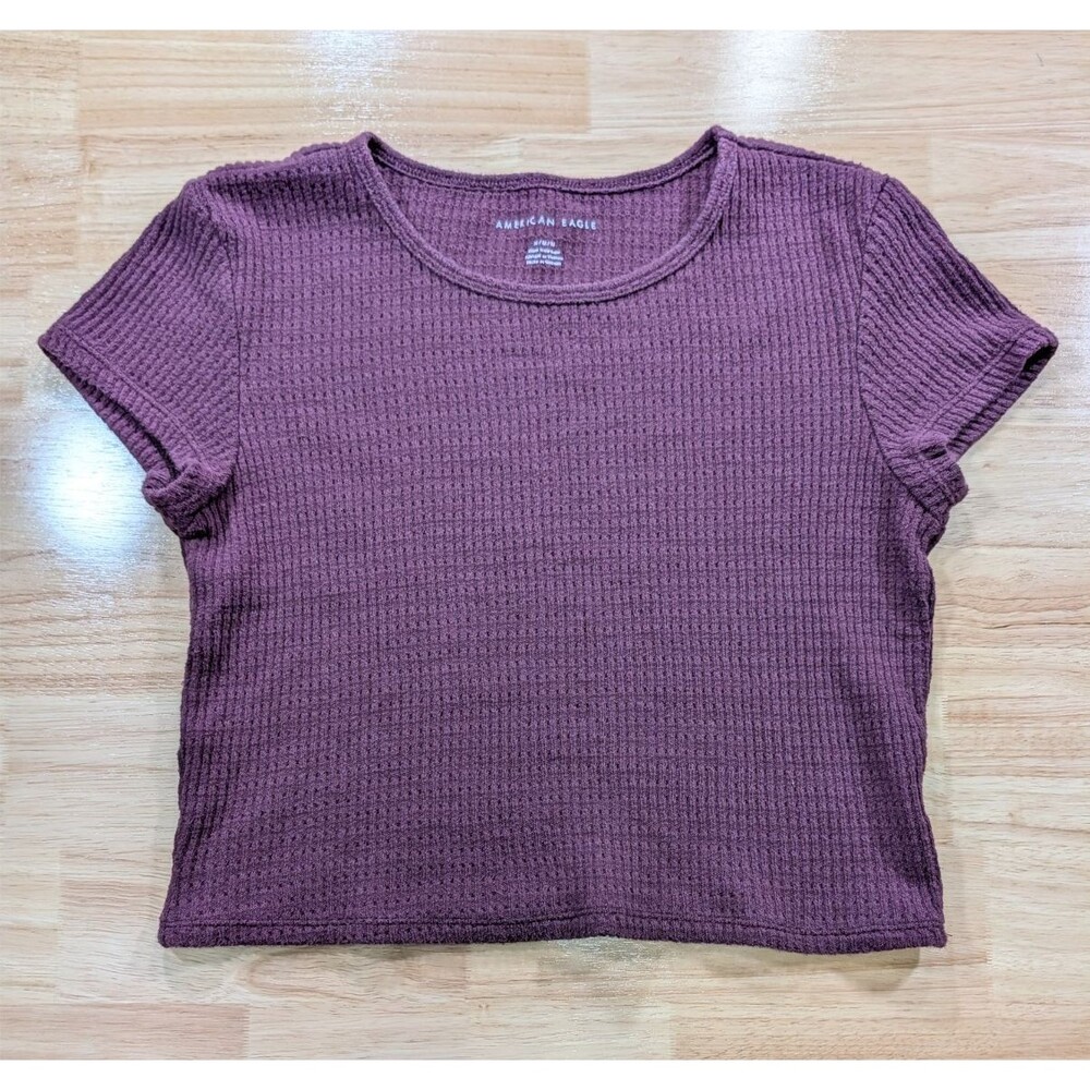 American Eagle Women’s Medium Plum Waffle Knit Cropped Short Sleeve Top Purple